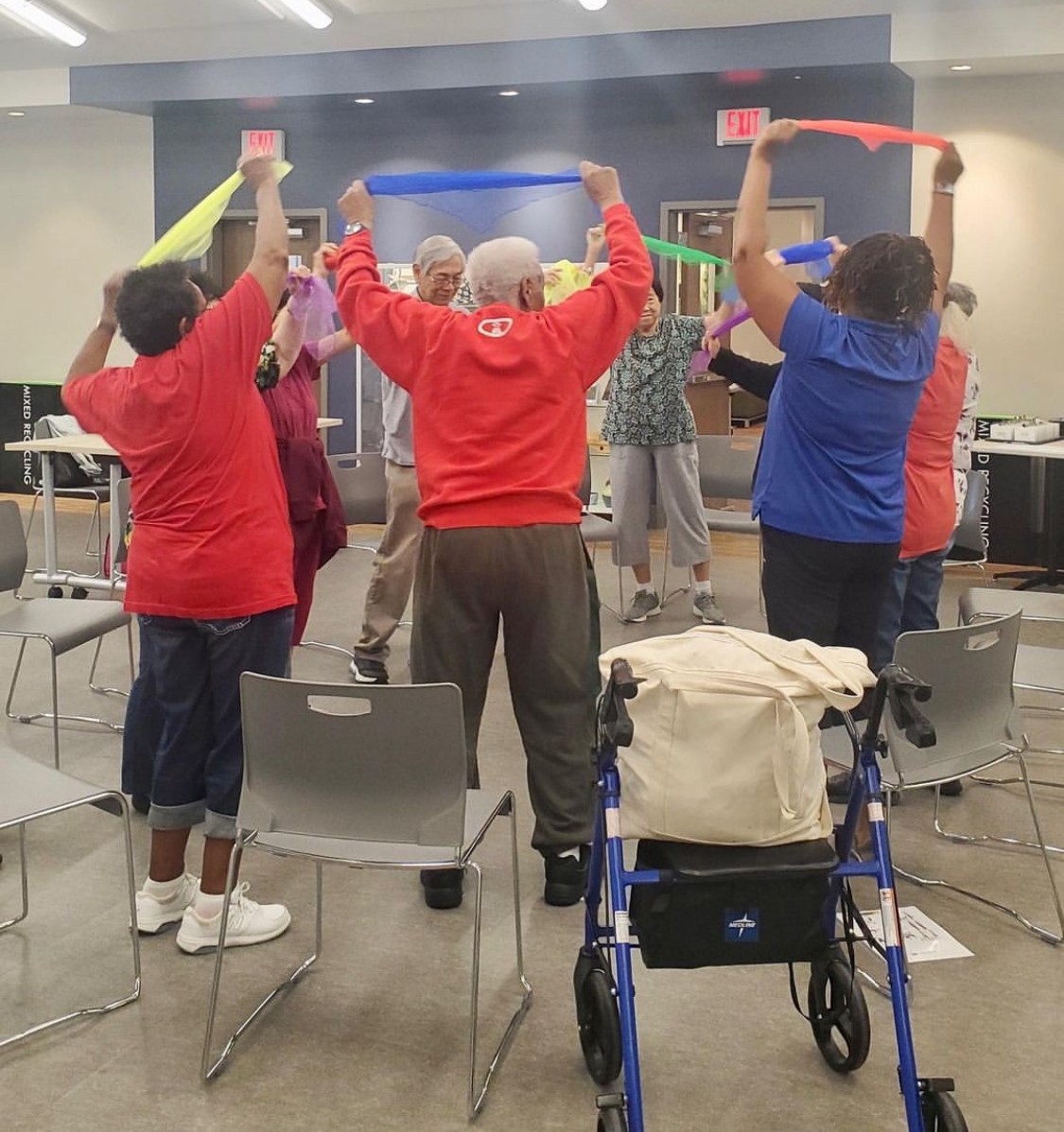 Seniors at Wake Forest Friendship Cafe enjoy "Stay Strong, Stay Healthy" a strength training program for older adults. Many thanks to the Poe Center for facilitating these fitness classes for our seniors!